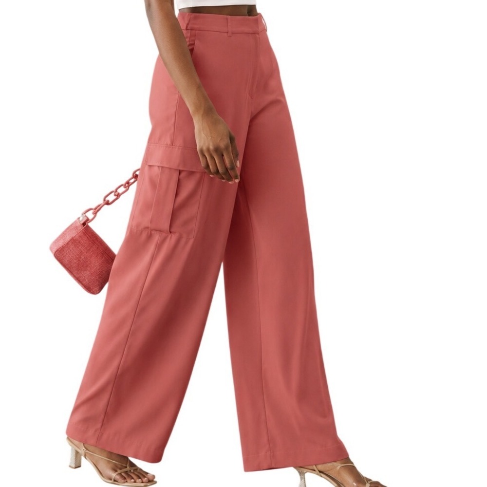 NWT Ella Rafaella Satin Trousers Cargo Pants 12 Petite Dusty Cedar Wide Leg